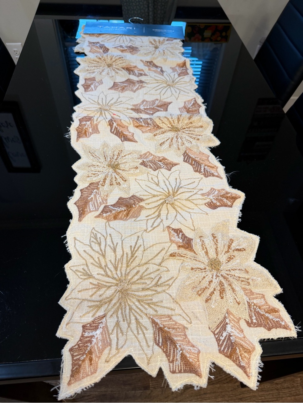Embroidered Floral Leaf Table Runner, Beige/Brown Rectangular 14 x 52"